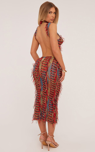 【送料&関税込】SportMax Cut-out High Neck Dress High Neck Cut Out Bust Maxi Dress In Multi Red Texture | EGO