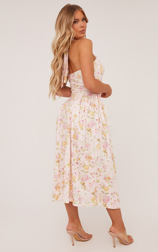 Halterneck Tie Front Pleated A Line Maxi Dress In Pink