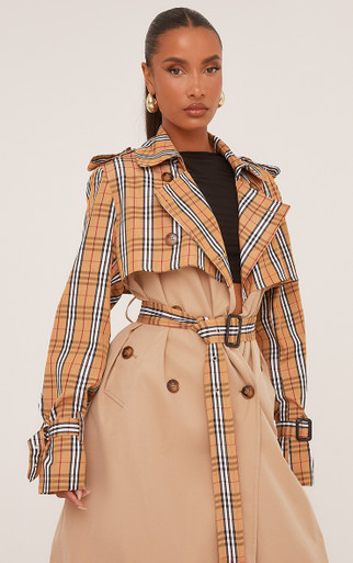 Contrast Checkered Overlay Mid Length Oversized Trench Coat