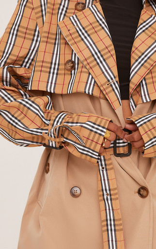 Contrast Checkered Overlay Mid Length Oversized Trench Coat In