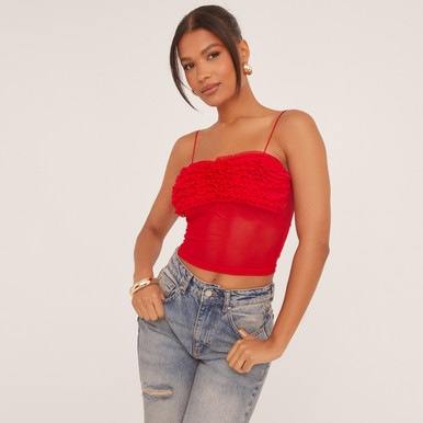 Strappy Square Neck Ruched Bust Cami Top In Red Mesh | EGO UK | EGO