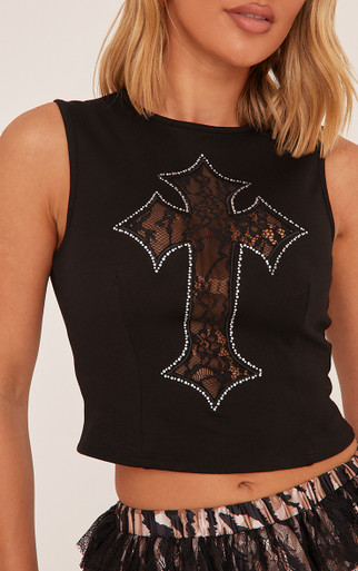Diamante Lace Crucifix Detail Racer Top In Black | EGO CA | EGO