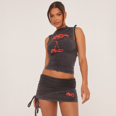 Sleeveless Cherry Graphic Ruched Top In Black Acid Wash | EGO US | EGO
