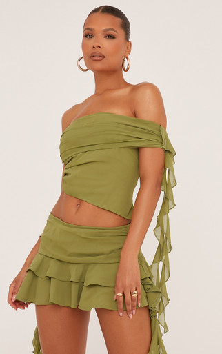 【INEGI】Rina Low Rise Skirt Pants Low Rise Frill Detail Mini Skirt In Green Mesh | EGO US | EGO