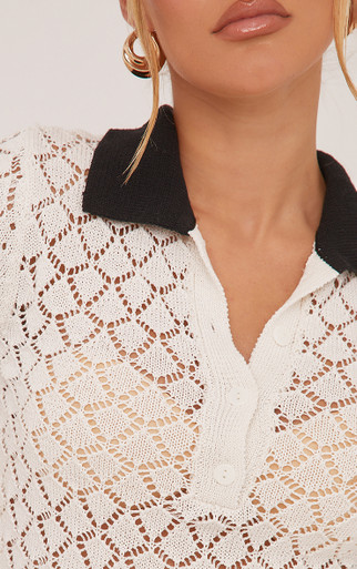 Short Sleeve Contrast Trim Cropped Shirt In Cream Crochet
