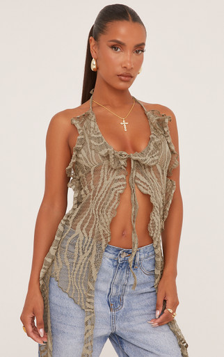 Halterneck Frill Detail Maxi Top In Khaki Green Textured