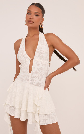 福袋 オンライン Plunge Cream In Dress Mini Hem Frill Back Open Halterneck トップス