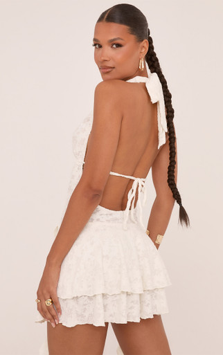 はなはな　LOHEN SHOULDER SLIT CUTSEW Plunge Halterneck Open Back Frill Hem Mini Dress In Cream
