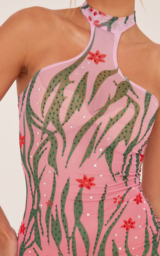 High Neck Hotfix Floral Print Mini Bodycon Dress In Pink