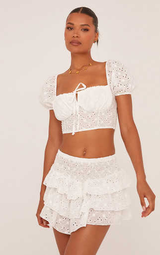 Shirred Waist Mini Rara Skirt In White Broderie | EGO US | EGO