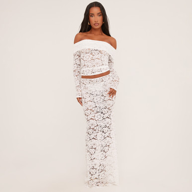 Bardot Top And Mid Rise Maxi Skirt Co-Ord Set In White Lace
