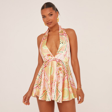 Plunge Paisley Print Flippy Hem Mini Dress In Multi Yellow Satin