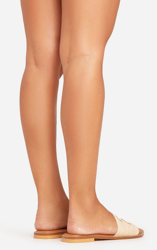 Allie Logo Detail Flat Slider Sandal In Beige Woven And