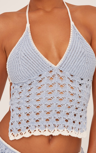 Halterneck Contrast Trim Strappy Back Crop Top In Light Blue