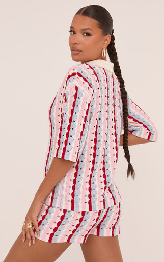 Short Sleeve Shirt In Pink Wave Crochet Knit | EGO Shoes