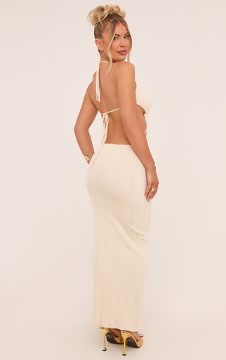 Halterneck Cut Out Strap Detail Maxi Dress In Cream Ribbed