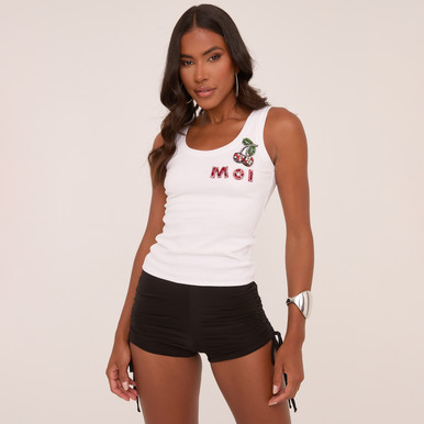 Scoop Neck Embellished Moi Cherry Graphic Print Vest In