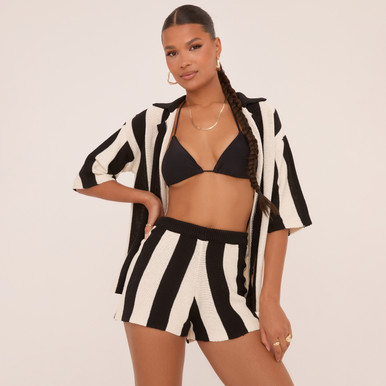 High Waist Shorts In Black Contrast Stripe Crochet Knit