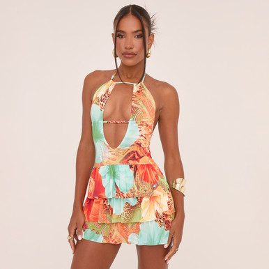 Rest&Recreation☆RR HALTER NECK MINI DRESS(2color) Wholesale Romantic Halter Neck Tiered Ruffle Open Back Tie