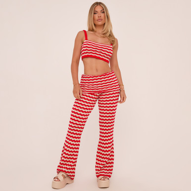 Mid Rise Fold Over Waistband Flared Trousers In Red Stripe