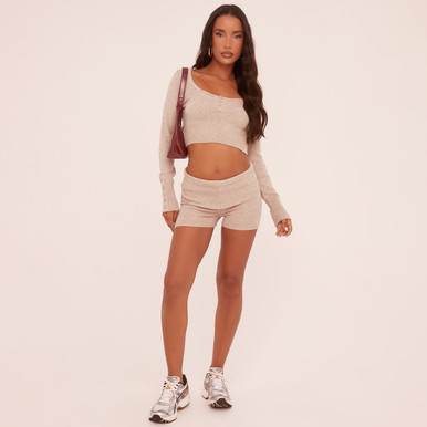 Mix And Match Mid Rise Fold Over Shorts In Stone Knit | EGO