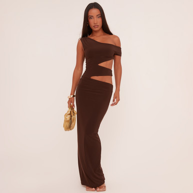 Asymmetric One Shoulder Cut Out Maxi Dress In Chocolate Brown Slinky | EGO  US | EGO