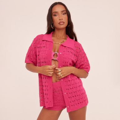 Short Sleeve Shirt In Hot Pink Geometric Crochet Knit | EGO US | EGO