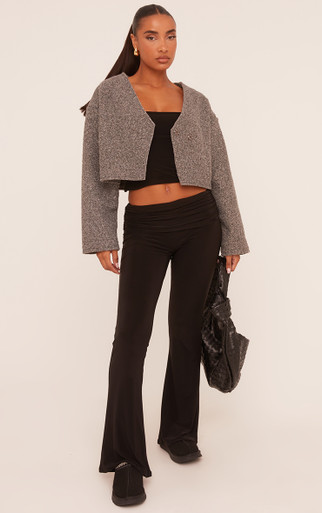 Asymmetric Button Front Cropped Jacket In Grey Faux Wool