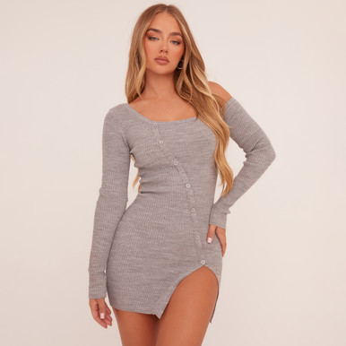 Off The Shoulder Long Sleeve Button Front Split Leg Dress In