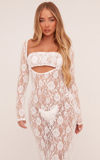 Long Sleeve Low Scoop Neck Bralet Detail Maxi Dress In White Lace