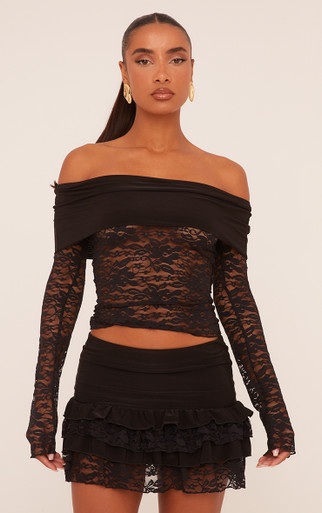 【Anyone more】Caco Lace Span Mini Skirt Low Rise Slinky Waist Tiered Mini Skirt In Black Lace | EGO