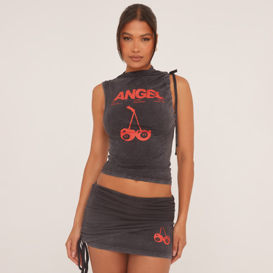 Sleeveless Cherry Graphic Ruched Top In Grey Acid Wash | EGO US | EGO