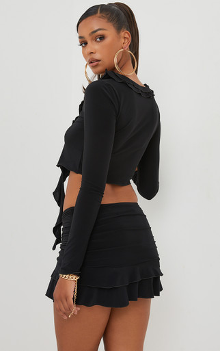 ☆NASTY FANCY CLUB☆ NF Eris Shirring Pants SkirtBLACKF24QD8 Embossed Texture Drawstring Waist Skater Skirt in Black