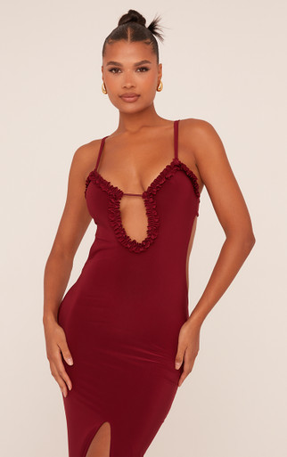 Plunge Frill Edge Detail Cut Out Side Split Maxi Dress In