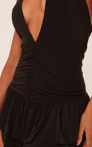 Bell♡ 　0308 Plunge Ruched Front Tiered Hem Mini Dress In Black Slinky