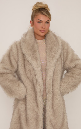 Oversized Maxi Coat In Stone Natural Look Faux Fur | EGO US | EGO