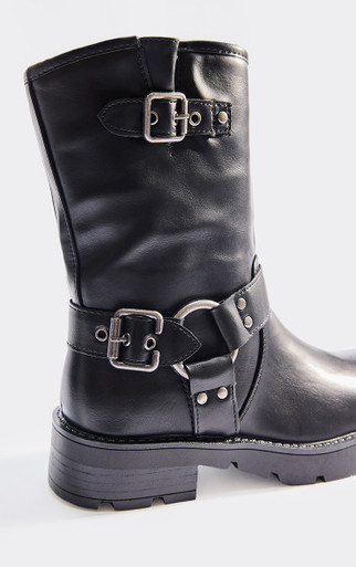 Brooks Buckle Ring Detail Ankle Biker Boot In Black Faux Leather