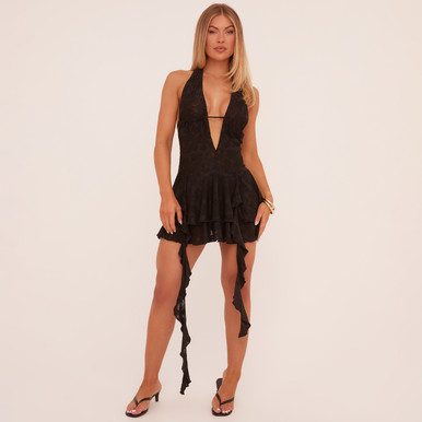 Plunge Halterneck Open Back Frill Hem Mini Dress In Black Texture | EGO US  | EGO