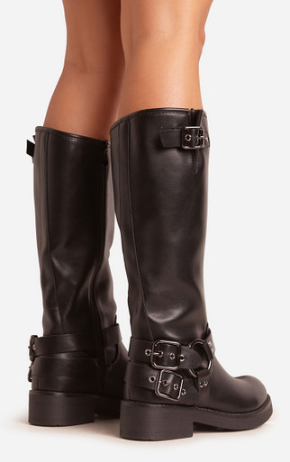 Azura Side Buckle Detail Midi Calf Biker Boot In Black Faux