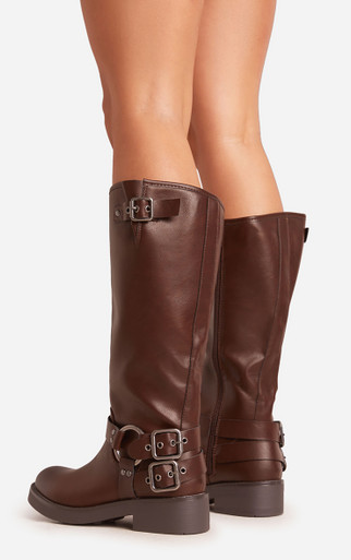 Azura Side Buckle Detail Midi Calf Biker Boot In Dark Brown