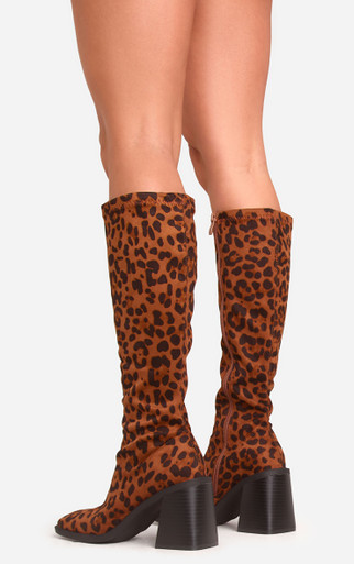 【COLOR iN ID】Leopard canvas pleated long boots Wade Square Toe Block Heel Knee High Long Boot In Leopard