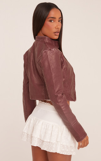 High Neck Zip Front Cropped Biker Jacket In Burgundy Faux Leather