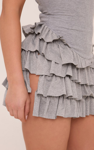 High Neck Lace Up Back Frill Hem Mini Dress In Grey Woven | EGO US