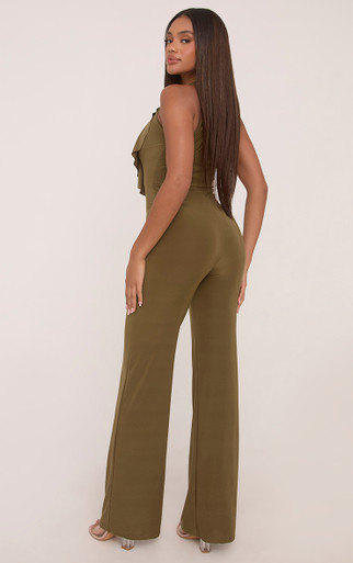 Plunge Frilly Detail Wide Leg Jumpsuit In Khaki Green Slinky