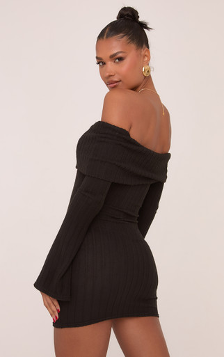 Long Flared Sleeve Bardot Mini Dress In Black Rib | EGO US | EGO