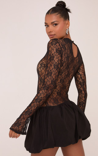 Long Sleeve Puffball Mini Dress In Black Lace | EGO US | EGO