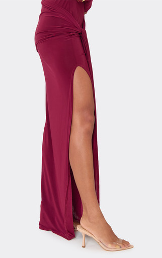 Long Sleeve Split Leg Drape Waist Detail Maxi Dress In Burgundy Slinky |  EGO US | EGO