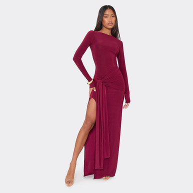Long Sleeve Split Leg Drape Waist Detail Maxi Dress In Burgundy Slinky | EGO US