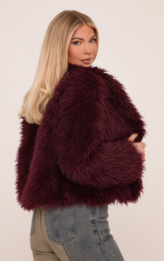 Oversized Collar Coat In Burgundy Shaggy Fur | EGO Shoes