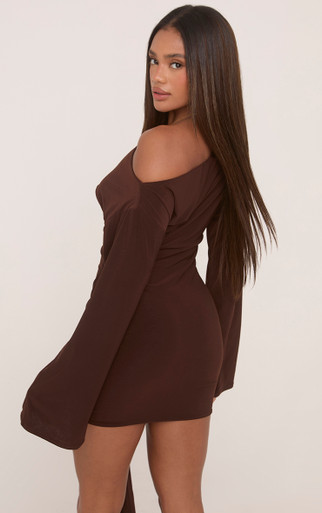 Long Flared Sleeve Drape Detail Mini Bodycon Dress In Chocolate Brown Slinky | EGO US | EGO Long Flared Sleeve Drape Detail Mini Bodycon Dress In Chocolate Brown Slinky | EGO US | EGO